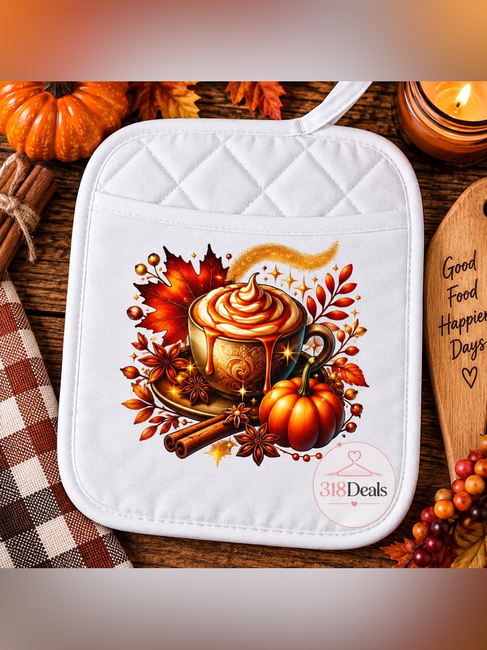 Autumn Pumpkin Spice Quilted Pot Holder - White